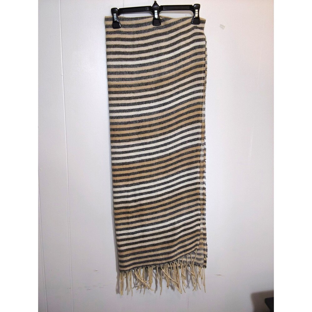 Men's Beige Gray White Striped Rectangle Scarf with Fringe Accents